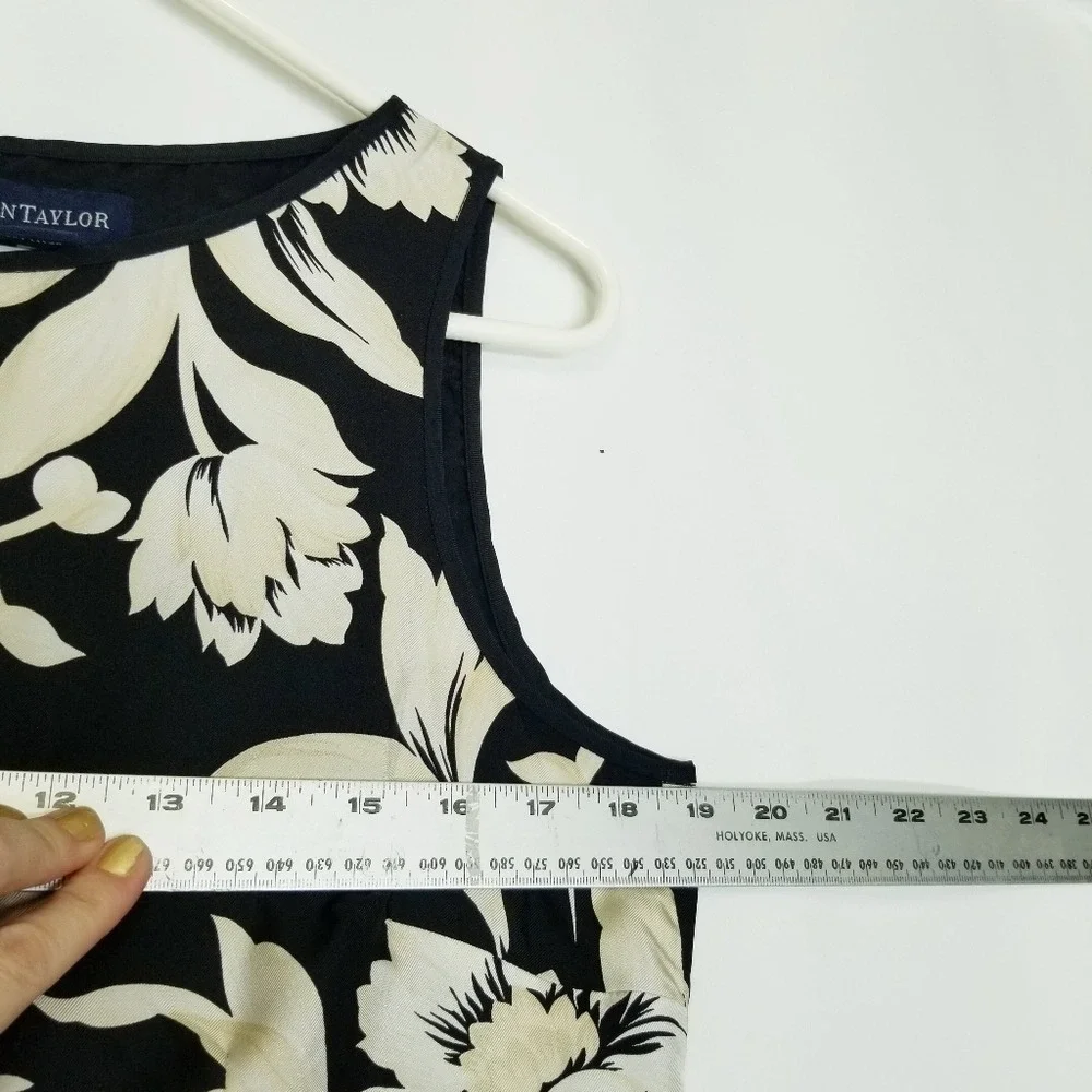 Ann Taylor Floral Silk Sleeveless Dress Black Ivory Midi Women's Size 10 90S‎